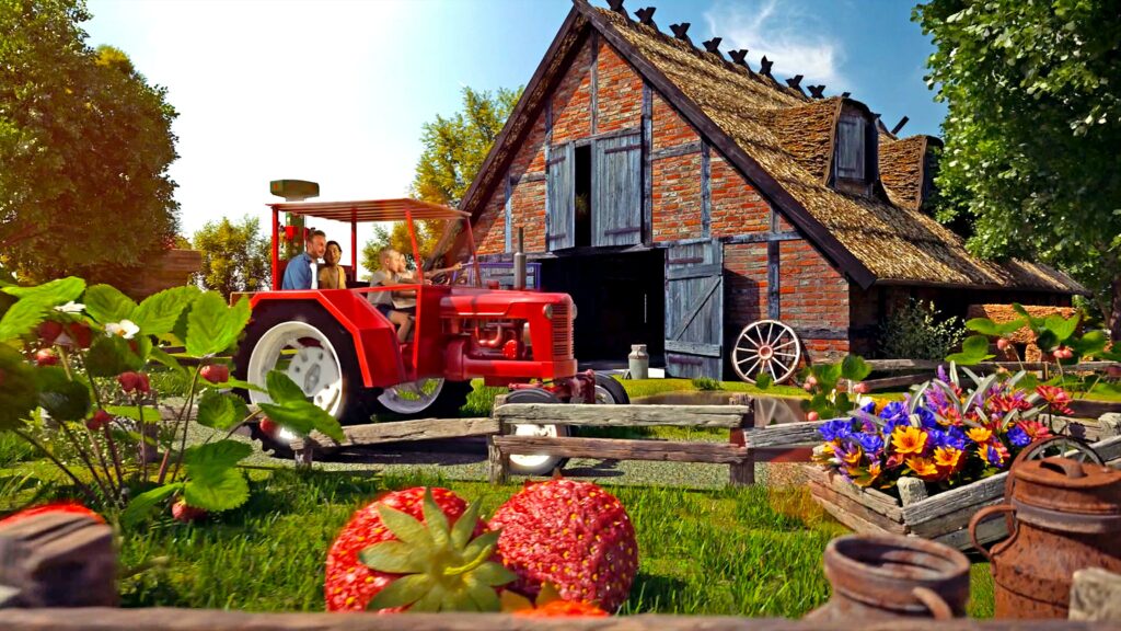 Karls Traktorbahn. Hinten ein Bauernhaus, davor ein roter Traktor im Grünen. Vorne Erdbeeren