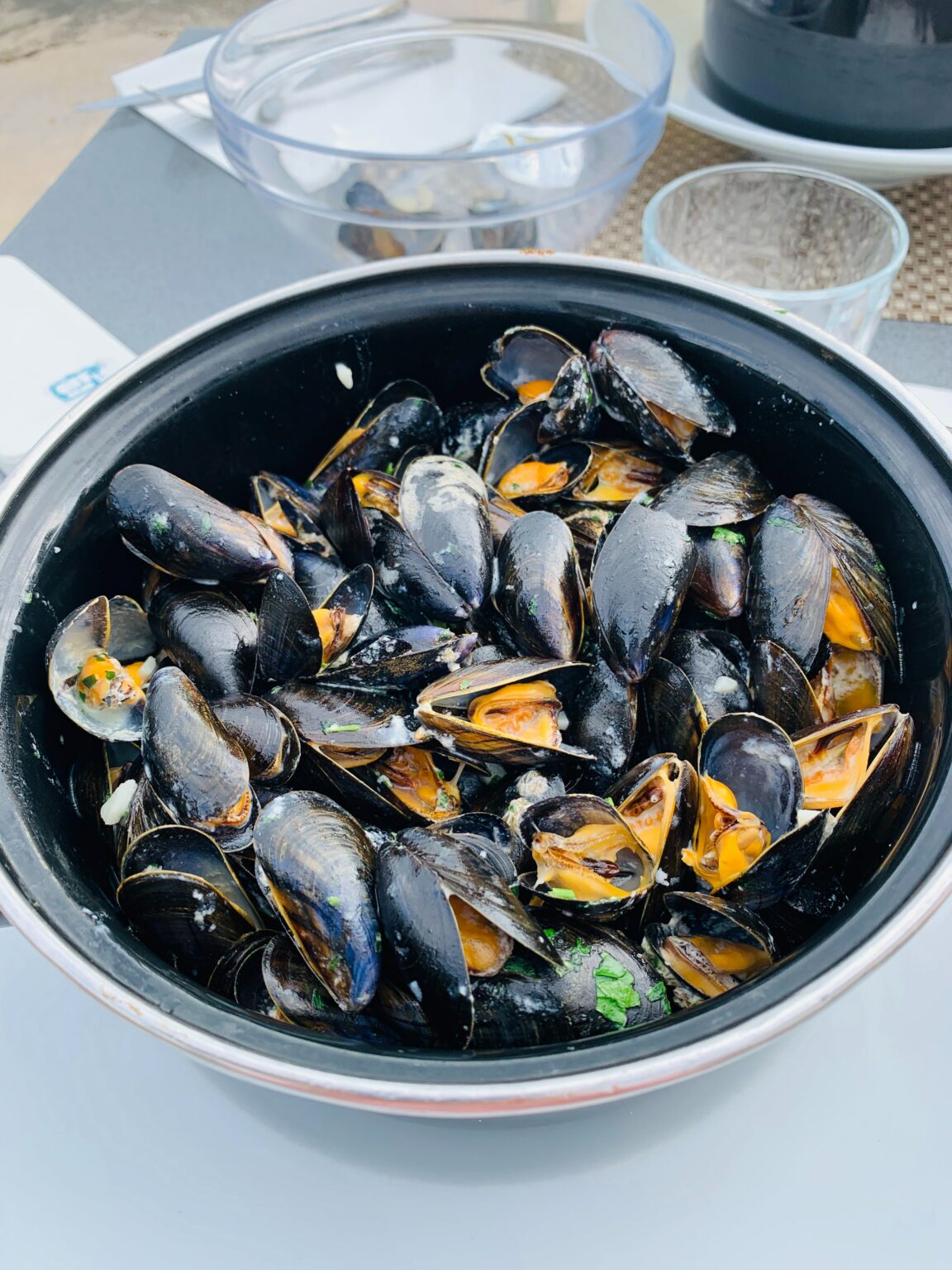 Topf mit gekochten Miesmuscheln
